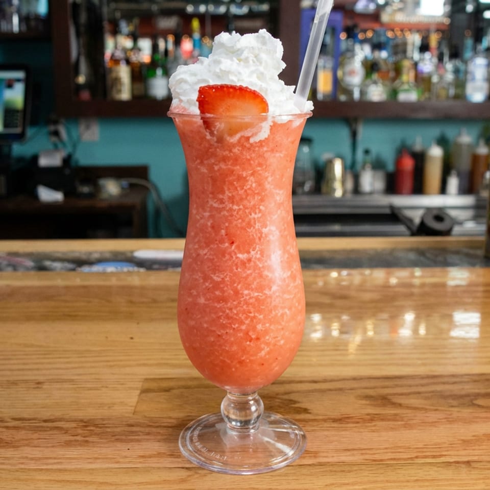 Red frozen cocktail topped with whipped cream and an orange slice, served in a hurricane glass on a wooden bar.