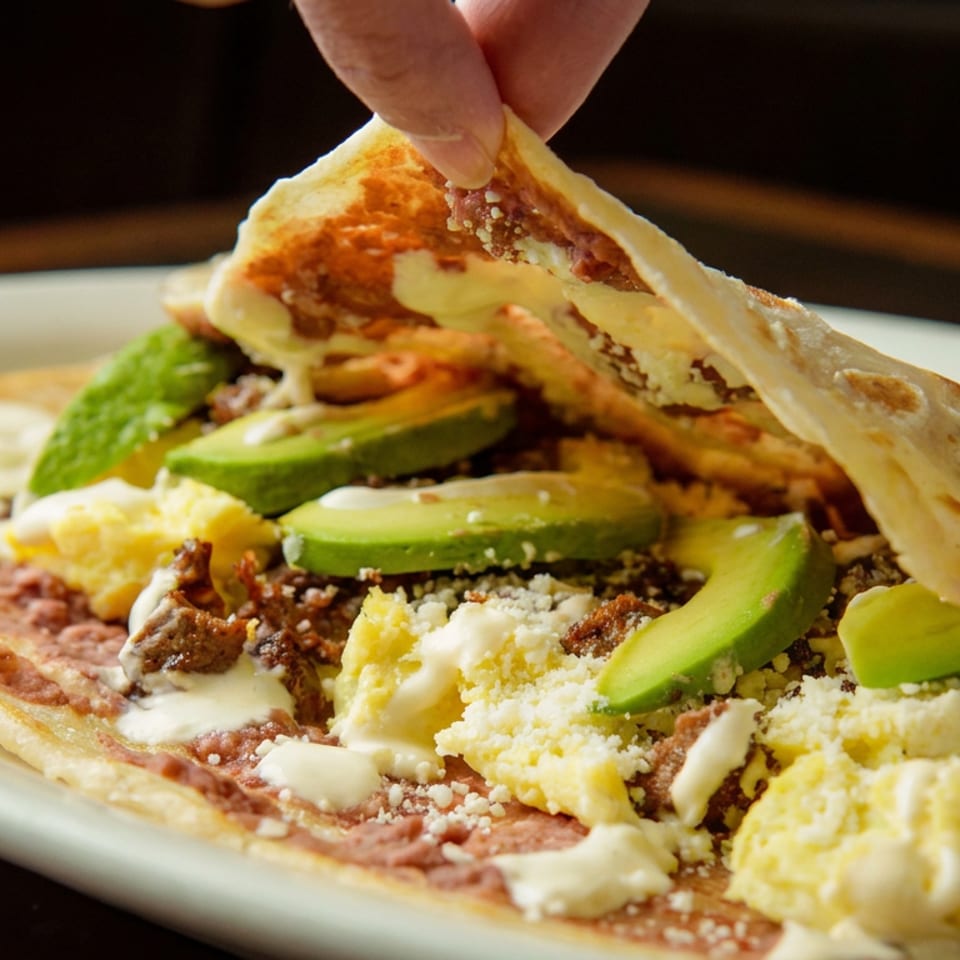 A hand lifts a tortilla over refried beans, scrambled eggs, chorizo, avocado, cheese, and crema on a plate.