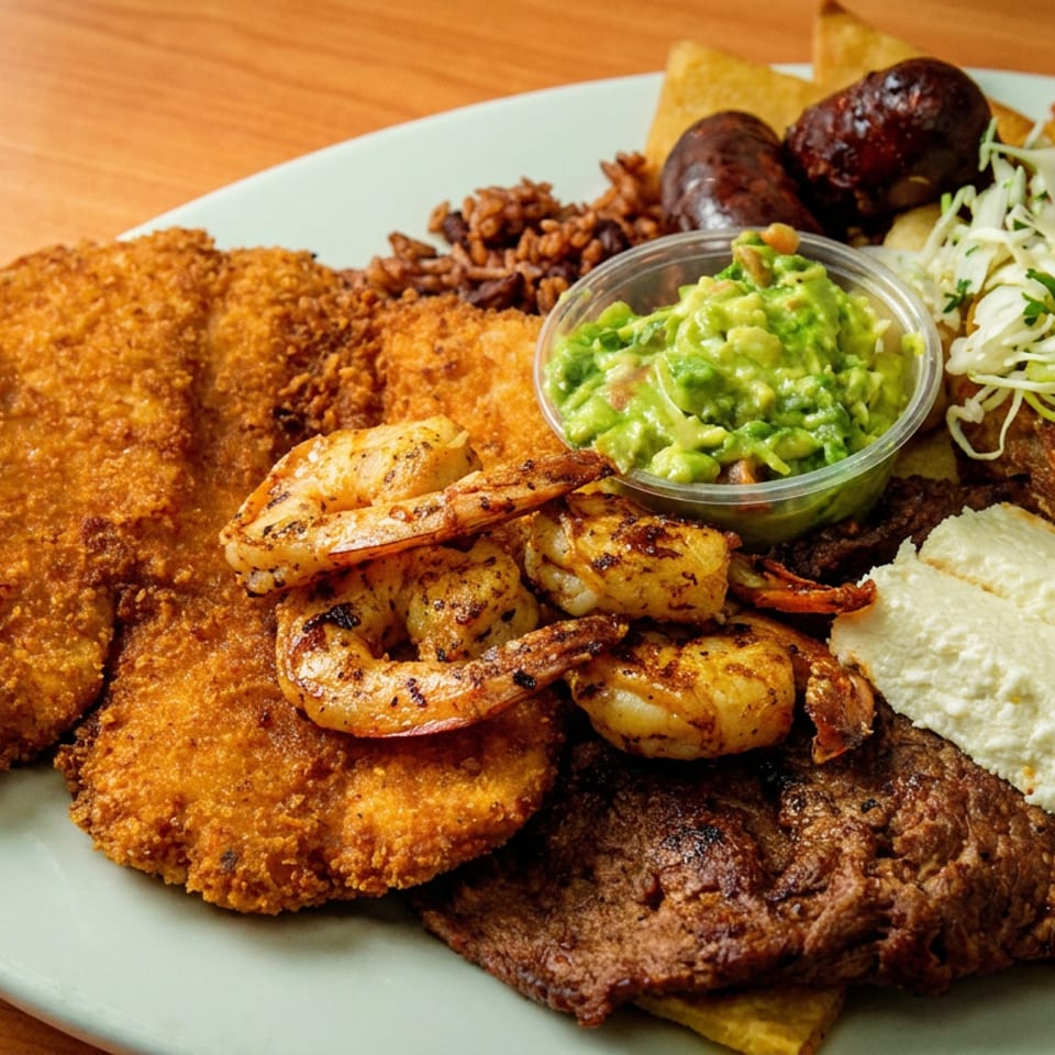 Loaded platter featuring fried cutlets, grilled shrimp, steak, avocado dip, salad, rice, plantains, and assorted sides.