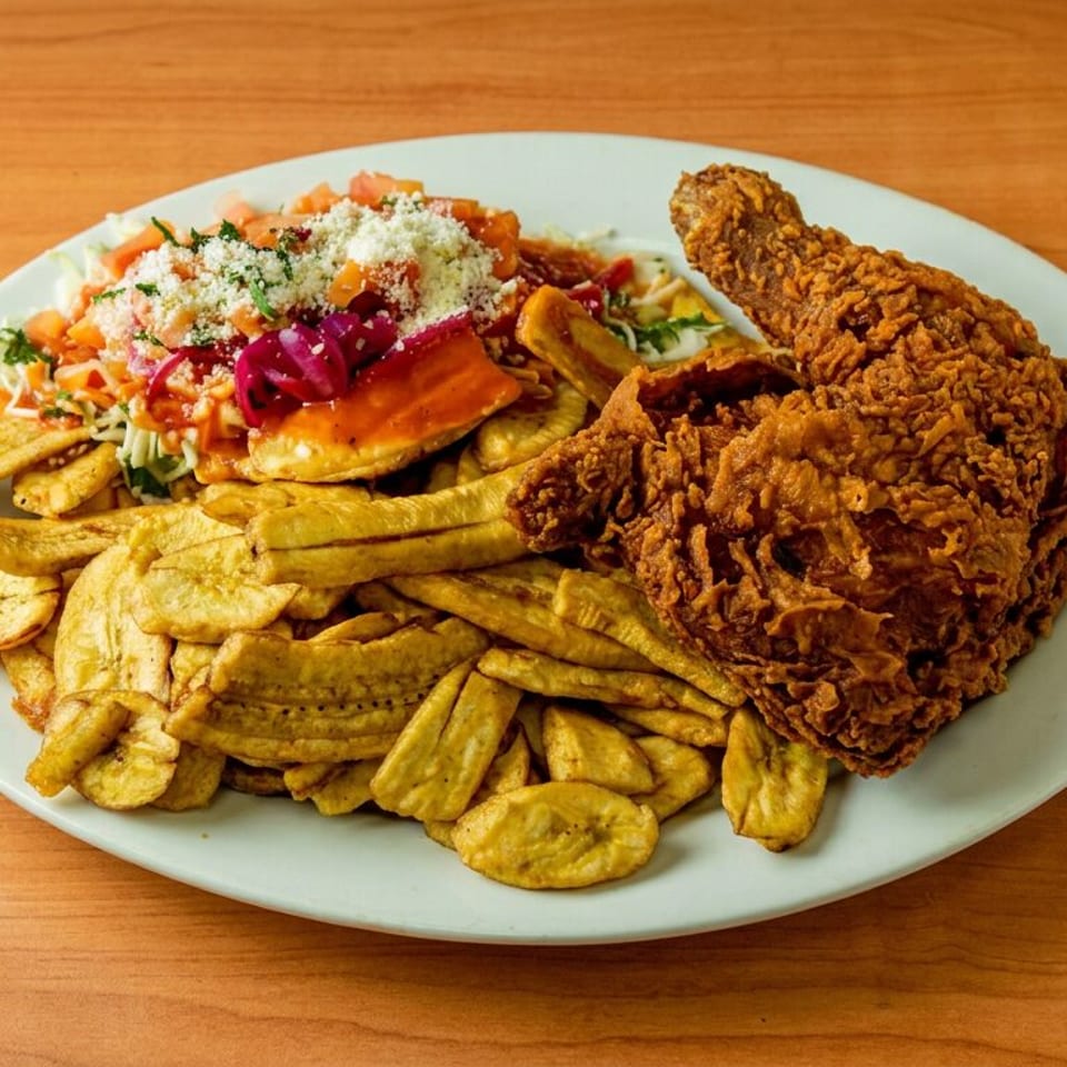 Crispy fried chicken served with fried plantains, golden fries, and a colorful salad on a pale blue plate.