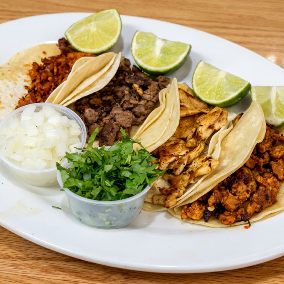 Assorted Mexican tacos with grilled meats, onions, cilantro, and lime wedges arranged on a white plate.