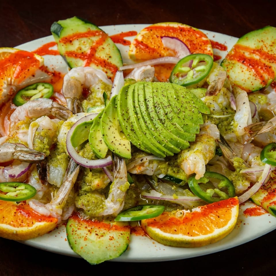 Plate of shrimp ceviche topped with sliced avocado, surrounded by cucumber, orange wedges, jalapeños, and red onion.