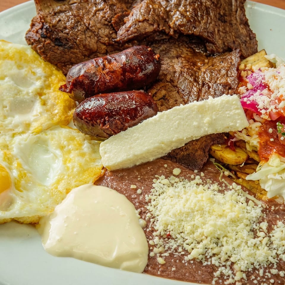 Traditional Mexican breakfast platter with fried eggs, grilled meat, sausages, beans, cheese, salad, plantains, and avocado.