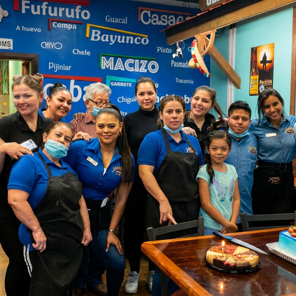 Restaurant staff and a child pose behind a table with birthday cakes, surrounded by colorful wall signs and a large map.