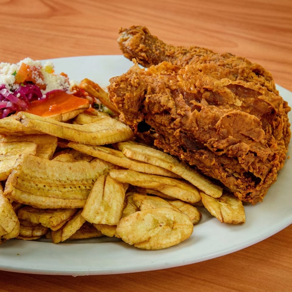 Plate of crispy fried chicken, golden plantain chips, pickled onions, vegetables, and crumbled cheese on a wooden table.
