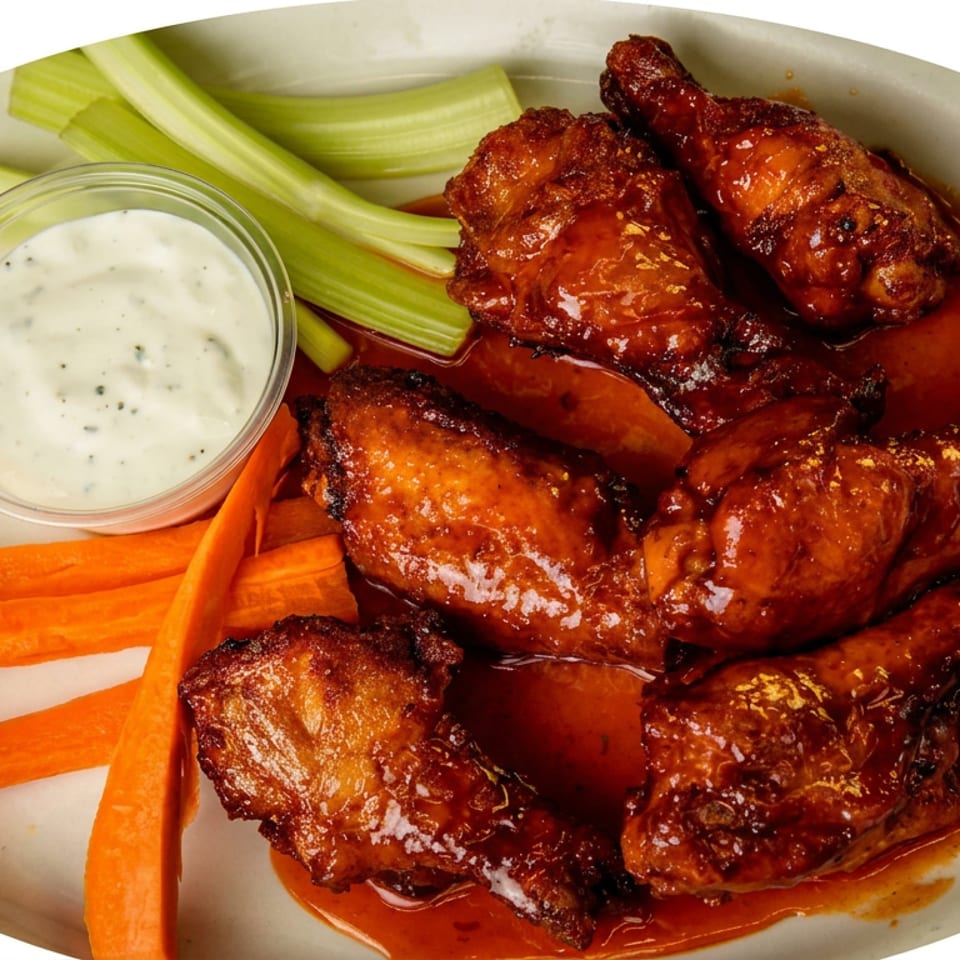 Plate of saucy chicken wings with celery, carrot sticks, and a cup of creamy dipping sauce.